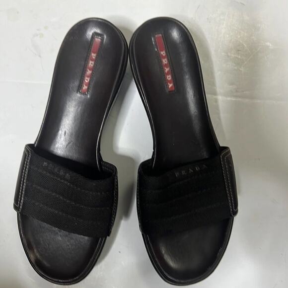 PRADA LOGO BROWN PLATFORM SLIDE SANDALS SIZE 37 - Picture 1 of 7